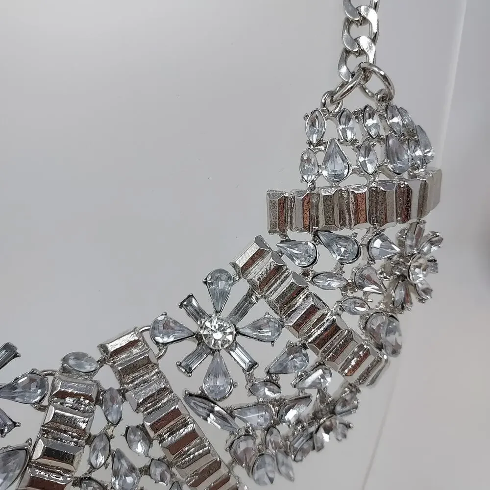 Rhinestone Statement Necklace Floral Large Heavy Bib Collar Silver Tone 3